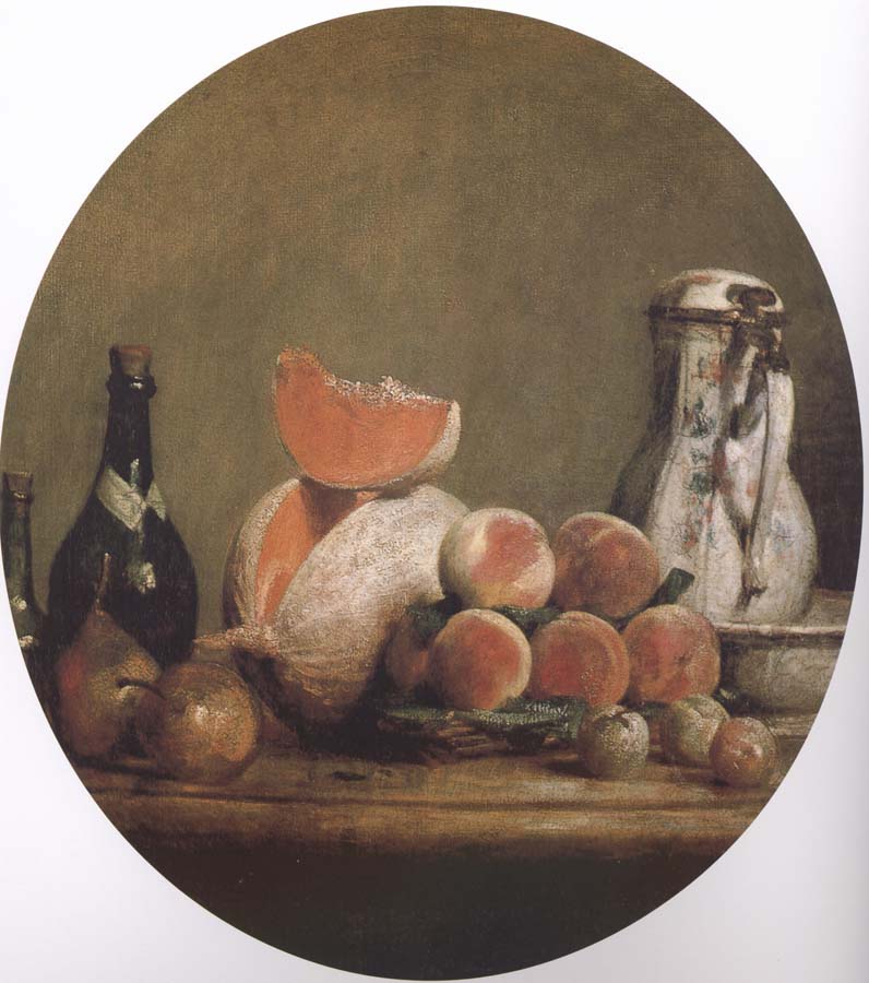 Cut melon and peach bottle still life etc